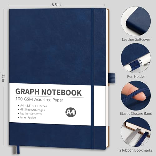 RETTACY Graph Grid Paper Notebook, 96 Pages, A4 Large Size (8.5'' x 11'') - color: Navy Blue, style: Grid
