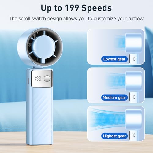 YOSHENMO Portable Handheld Turbo Fan - Foldable Mini Fan with Air Turbo Tech, 1-199 Speed Adjustment, 20H Runtime, LED Display, Battery-Powered for Indoor/Outdoor Use Light Blue - color: Light Blue, size: Small