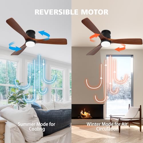 52" Dark Brown Ceiling Fan with Lights and Remote - color: Flush Mount - Brown wood
