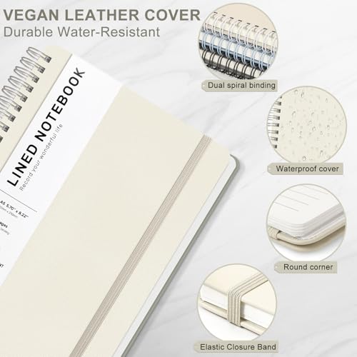 Lined Spiral Journal Notebook, A5 Hardcover Leather Notebook for Work, 5.7''×8.2'', 100GSM Thick Paper Spiral Bound Journaling Notebook for Women Men Office School Note Taking Business, Morandi Cream - color: Morandi Cream, size: A5
