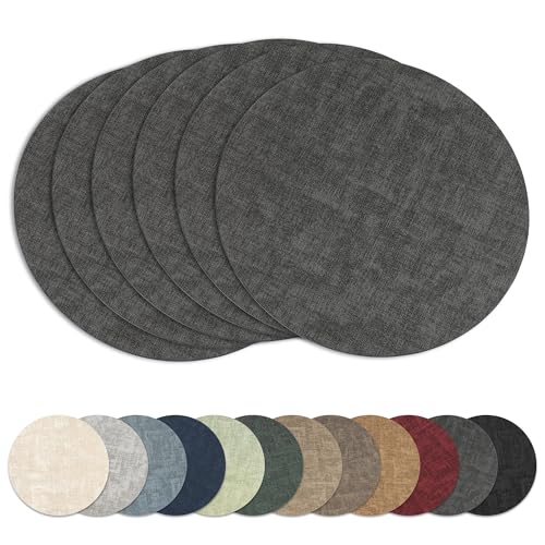 13" Round Placemats Set of 6, Reversible Faux Leather Wipeable Table Mats - color: Deep Gray