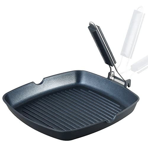 S·KITCHN Grill Pan with Folding Handle, Nonstick Grilling Pan for Stove Tops, Induction Compatible Square BBQ Pan with Pour Spouts - 11 in - size: 11 IN
