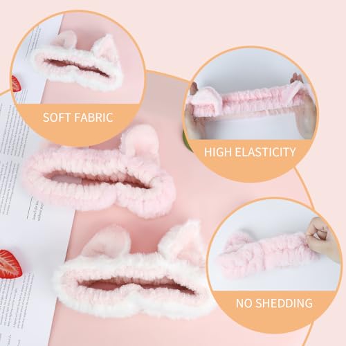 PERFECTSIGHT Kawaii Headband for Spa, Makeup, Washing Face, Party - 2 Pack Cute Hair Band for Shower Beauty Skincare, Soft Facial Headbands for Girls and Women, Cat Ear - color: White+Pink Ear