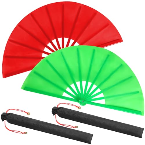 Maitys 2 Packs Large Folding Hand Fans, 13'', Green and Red - color: Green and Red