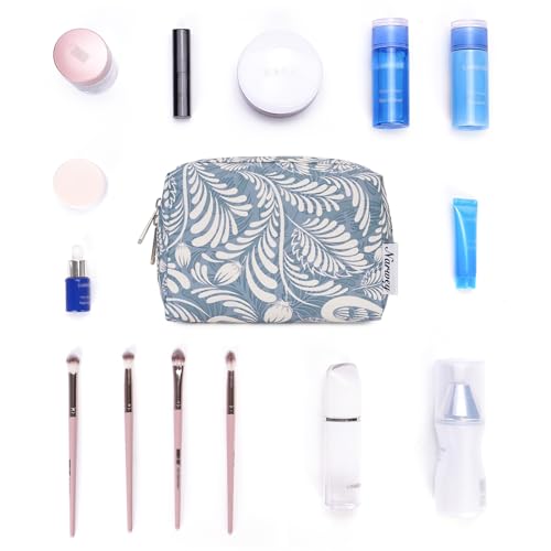 Narwey Small Makeup Bag for Purse, Travel Mini Cosmetic Bag for Women Girls - color: Blue Leaf, style: Small