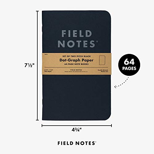 Field Notes 2-Pack Pitch Black Notebooks (4.75" X 7.5"), Dot-graph, 64 Pages | Thin Pocket Sized EDC Notebook With 90 GSM Paper & Paperback Cover | Work Notebooks For Note Taking | Made in the USA - size: Large Size (4.75" x 7.5") 2-Pack - Dot-Graph Paper