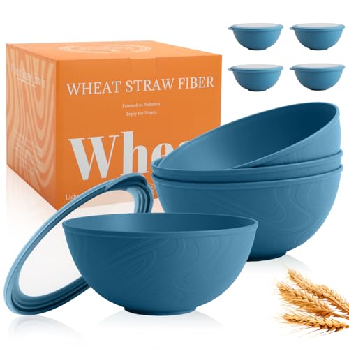 40OZ Wheat Straw Bowls Set with Lids, Camping Bowls with Lids,Blue - color: Blue, size: 40 OZ with Lid