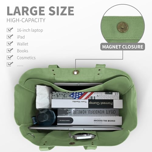 HOMESPON Large Canvas Tote Bag, Magnetic Work Laptop Pack for Women - color: Green