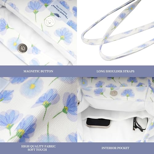Corduroy Tote Bag Cute Tote Bags for Women Shoulder Bag with Inner Pocket for Work Beach Travel and Shopping Grocery - style: Blue Purple Flower