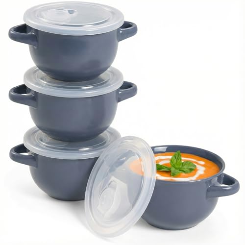 KooK French Onion Soup Crocks with Lids & Handles, Set of 4, Denim - color: Denim