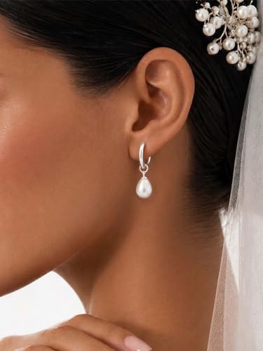 Pearl Earrings for Women,14K Gold/Silver Plated Dangle Drop Earrings - color: silver
