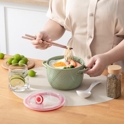 Ceramic Soup Bowl with Lid & Handle, Microwave Safe 32 oz, Green - color: Green, size: 2 pcs