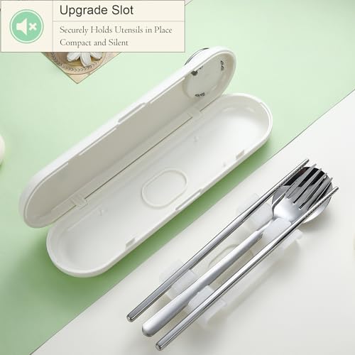 DEVICO Travel Utensils with Case Cute, Reusable Silverware for Lunch, 4Pcs Portable Cutlery Set, 18/8 Stainless Steel Fork Spoon Chopsticks in Cartoon Case, Dishwasher Safe (White) - color: White
