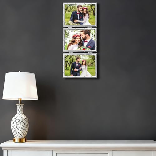 YiPinYin Elegant Silver Plated 4x6'' Hinged Triple Metal Picture Frame,Bamboo Detail Designs,with Real Glass & Soft Touch Velvet Backing for Desktop and Wall Décor - color: Silver, size: 4x6''(Triple)