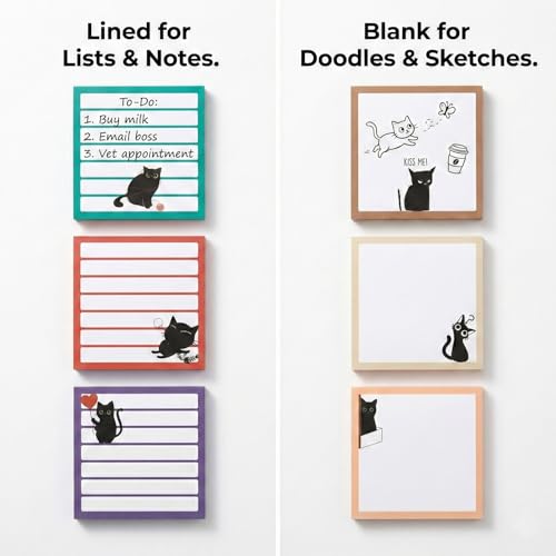 Cute Sticky Notes 9 Pack, 3x3 Inch Adhesive Memo Pads 450 Sheets, Lined and Blank, Kawaii Kitten Stationery, Funny Cat Lover Gifts for Women, Office Desk School Supplies - color: Classic Black Cat