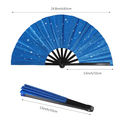 2 Pack Glitter Large Folding Hand Fans for Line Dancing, Popping Fan Large Rave Hand Fan for Boots On The Ground Dance, Concert, Party, Festival, Home Decorations(Royal Blue) - color: Royal Blue