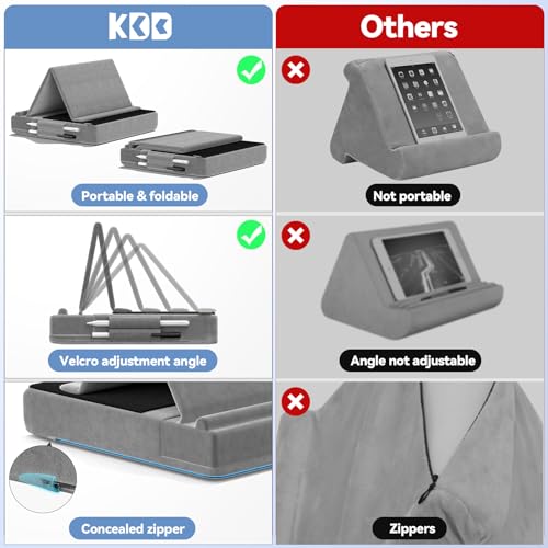 KDD Tablet Pillow Stand, Multi-Angle Viewing Ipad Holder for Lap, Bed and Desk, Foldable Soft Pad Dock with Stylus Mount Compatible with Ipad Pro 12.9, 10.5, 11, Air, Mini, Phones, Books, E-Reader - color: Grey