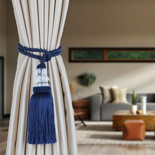 2 Pack Curtain Tiebacks with Tassel, Navy - color: Navy, size: 2