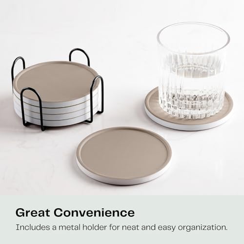 Set of 6 Taupe Coasters with Holder, Absorbent Ceramic Drink Coasters with Cork Backing for Table Protection, Table Decor, Housewarming Gifts - color: Taupe