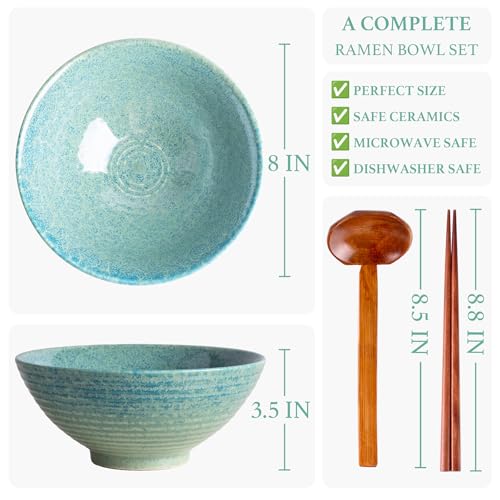 40oz Japanese Ceramic Ramen Bowl Set of 2 with Chopsticks and Spoons for Pho Udon Asian Soup Noodles (Turquoise) - color: Turquoise