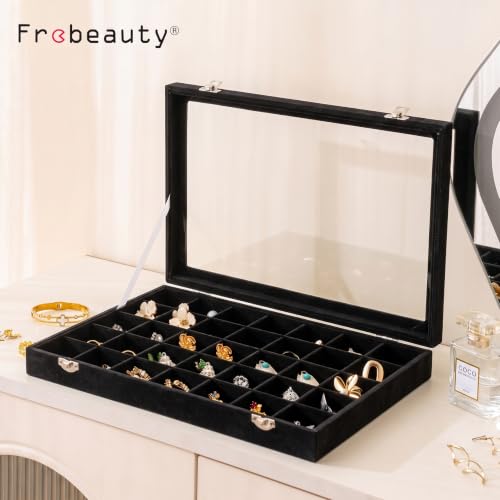 Frebeauty 35 Grid Earring Organizer,Velvet Jewelry Tray with Clear Lid - color: Black, size: 35 Grid