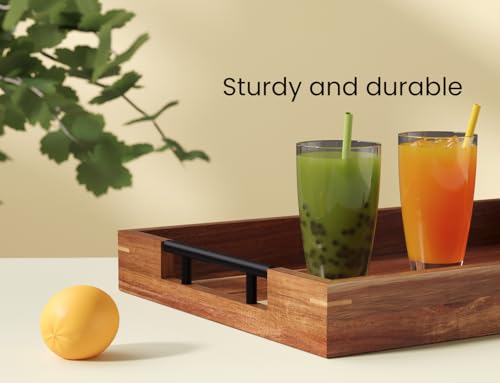 Fibogollo Acacia Wood Serving Tray with Metal Handles,15x10in Ottoman Decorative Trays Platter for Coffee Table,Living Room,Bar,Party(Medium) - size: 15" x 9.8" x 1.8"