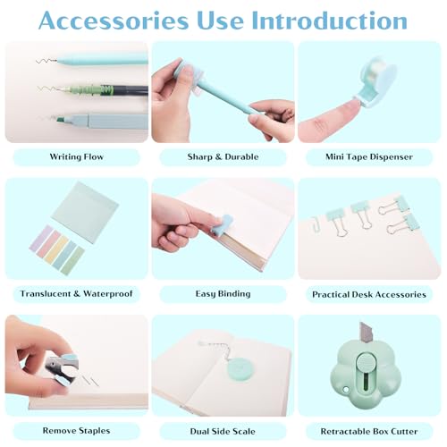 Mini Office Supplies, Teal Stapler with Staples and Tape Dispenser Set, Mini Stationary Kit Includes Sticky Notes Index Tabs Highlighters Gel Pens for Office & School Supplies (Teal) - color: Teal