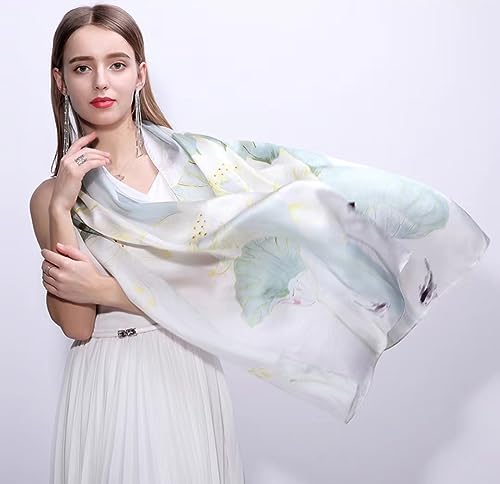 ANDANTINO 100% Silk Long Scarf-Women Large Oblong Shawls with Gift Packed - color: Light Green&white Lotus