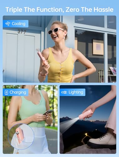 JISULIFE 3 IN 1 Portable Fan with Power Bank & Flashlight Featured - color: Pink