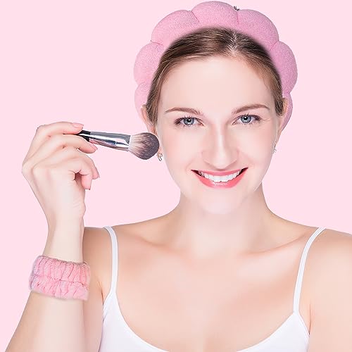Beleki Spa Headband for Washing Face, Pink Sponge Face Wash Headband and Wristband Set for Makeup Skincare Headbands Puffy Non Slip Headwear Hair Accessories for Women Girls - color: Pink