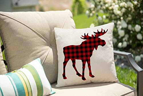 Solekla Moose Red and Black Chess Plaid Scottish Buffalo Cotton Linen Outdoor Pillow Cases Square Standard Cushion Covers for Sofa Couch Bed Car 18x18 inch - color: Sl221