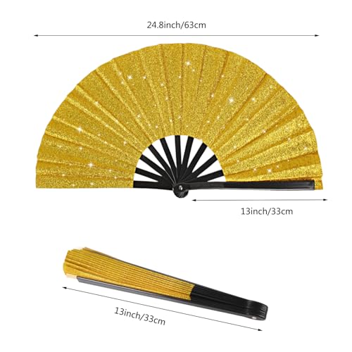 2 Pack Glitter Large Folding Hand Fans for Line Dancing, Popping Fan Large Rave Hand Fan for Boots On The Ground Dance, Concert, Party, Festival, Home Decorations(Gold) - color: 2 Gold