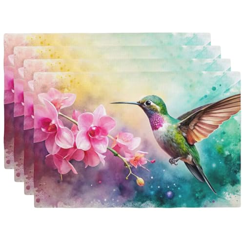 Watercolor Hummingbird Print Placemats Set of 4 12x18 Inch - color: Pink, size: Set of 4