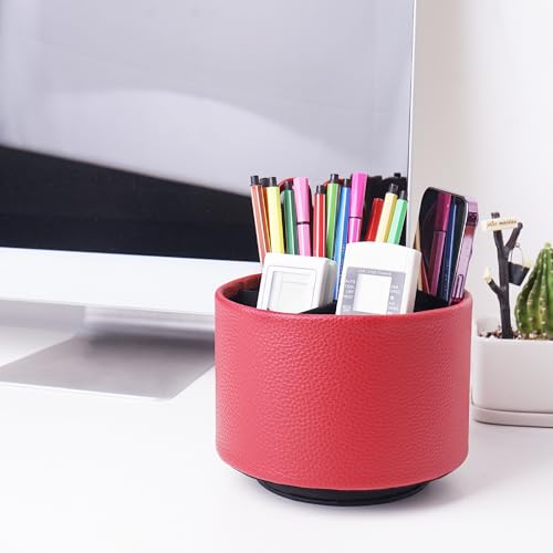 Round Leather Art Supply Organizer,Remote Control Holder,360 Degree Spinning,Multi-Functional Pencil Holder,4 Compartments Desktop Stationary Organizer(1-Lichee Red) - color: 1-Lichee Red