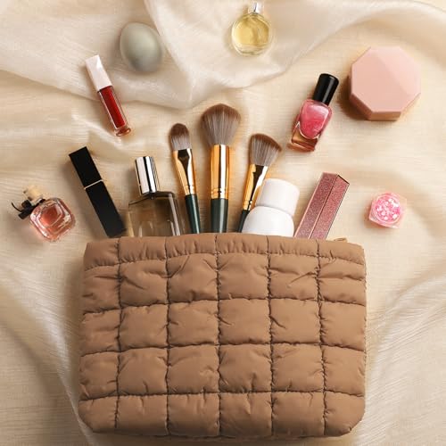 Hillban Brown Puffy Quilted Makeup Bag for Women Cosmetic Bag Gift, Classic - color: Brown, size: Classic