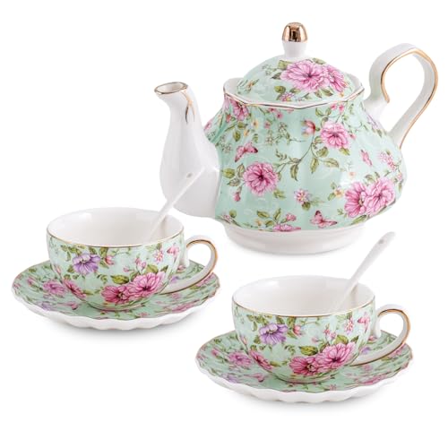 Flowers Ceramic Tea Set，Tea Sets for Adults, with Teapot, Spoons, Cup and Saucer for Tea Party (Green Flower) - color: Green Flower