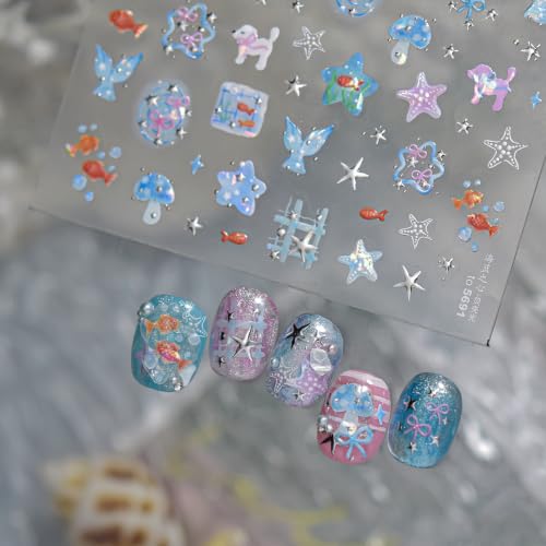 5D Embossed Under The Sea Stickers for Nail Art Jelly Fish Self-Adhesive Nail Art Decals for Women Nail Supplies Art Design Stickers (to5691) - style: to5691