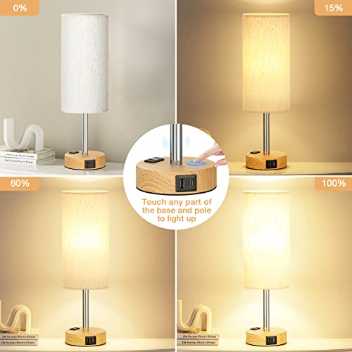 Fenmzee Bedside Table Lamp for Bedroom - Dimmable Touch, USB A+C, AC Outlet - color: Cream Shade-Wood Base, size: 14"
