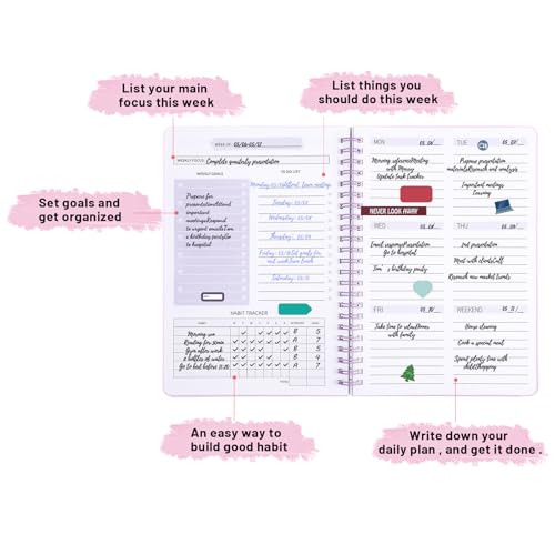Thboxes A5 Weekly Planner Notebook, 52 Week Undated Journal for Women, Kids - color: Purple Cute