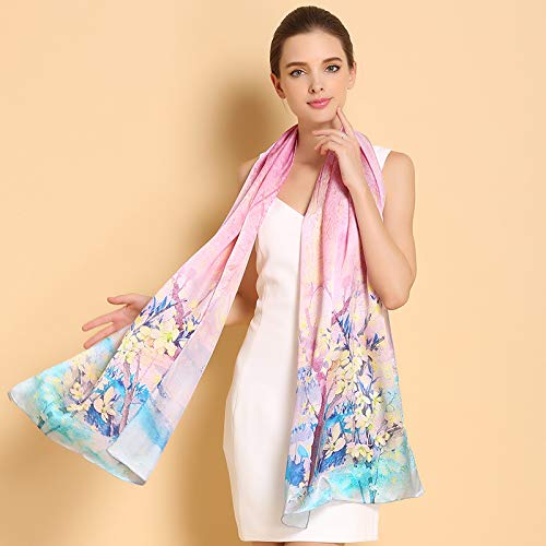 ANDANTINO 100% Silk Long Scarf-Women Large Oblong Shawls with Gift Packed - color: Pink&yellow Blossoms