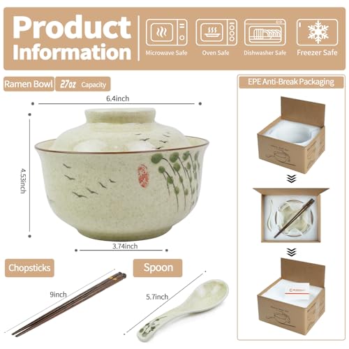 Ceramic Ramen Bowl Set Ramen Noodle Bowl with Lid 27oz Japanese Retro Style Soup, Pho, Udon Bowls, Matching Spoons and Chopsticks for Microwave & Dishwasher Safe, Twig - color: Twig, size: 1 PC