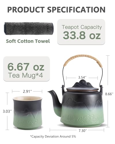 ZENS Japanese Teapot Set with 4 Cups, 33.8oz Loose Leaf Clay Teapot - color: Black & Pea Green, size: 33.8oz Teapot&4 of 8oz Cups