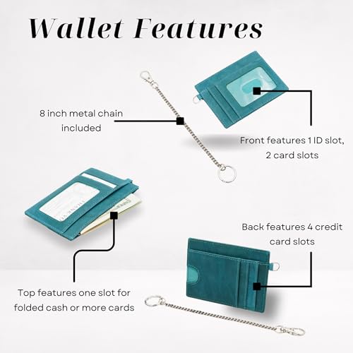 Leather Credit Card Holder with Keychain, Slim RFID Wallet (Teal) - color: Teal