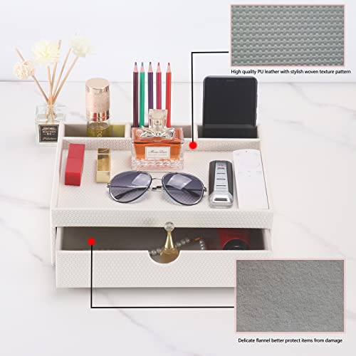 Leather Desk Organizer With Drawers, Home Cosmetics & Phone Remote Organizer, Drawer Plus Divider & Tray (white) - color: white