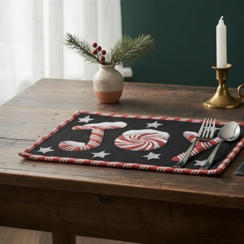 DaDa Bedding Starry Peppermint Joy Placemats - Set of 4 Festive Christmas Winter Holiday Tapestry - Red Black & White Cotton Linen Woven Yueltide Dining Table Mats - 13” x 19” (12904) - color: Joy