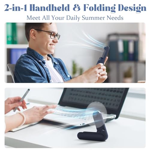 Lerat Portable Handheld Fan, 2 IN 1 Mini Hand Fan, Battery Operated [8-15 Working Hours], USB Rechargeable Personal Foldable Fan for Indoor, Small Pocket Fans Travel Essentials for Outdoor (Blue) - color: Blue