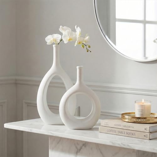 White Ceramic Hollow Elliptical Vase Set of 2 - Boho Circle Vase with Hole, for Modern White Table Decor, Living Room Decor Shelf mid Century Modern Home Entrance Decorative vase - color: White