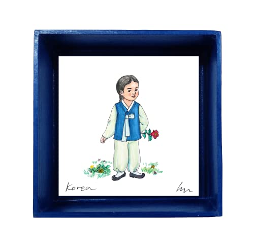 "Little Girl in Hanbok, Korean Traditional Costume with Spring Flowers", Mounted on Blue Hanji Paper Frame, Lovely Wall Art, Unique Housewarming Gift (Hanbok boy navy)