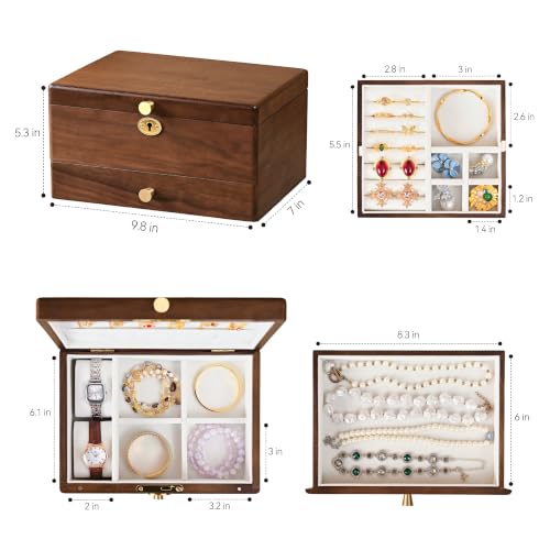 Black Walnut Jewelry Box for Women, 3 Layer Top Lock Wooden Organizer Case - color: 3 Layer Top Lock