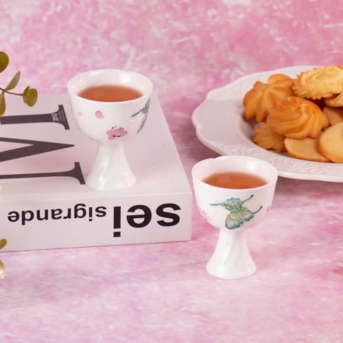 KAMMAK Tea Cup Set of 2 Small Tea Cups 1.4oz White Porcelain Tea Cup Set, Asian Ceramic Teacups for Home, Party, Office, Chinese Kung Fu Tea Set for Hot/Cold Drink (Playing with Butterflies) - style: 716N Peach Flower and Butterfly